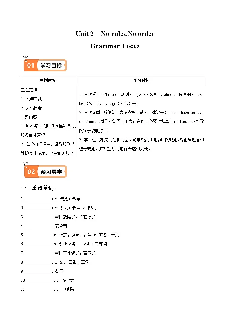 人教版2024初中英语七下Unit2 Grammar Focus(重难知识导学及练习)(无答案)第1页
