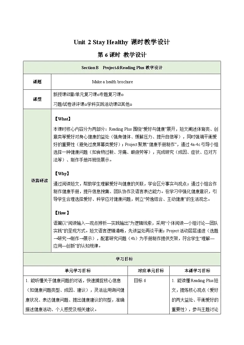 人教版2024初中英语八下Unit2 Stay Healthy Section B Projec表格式t教学设计第1页