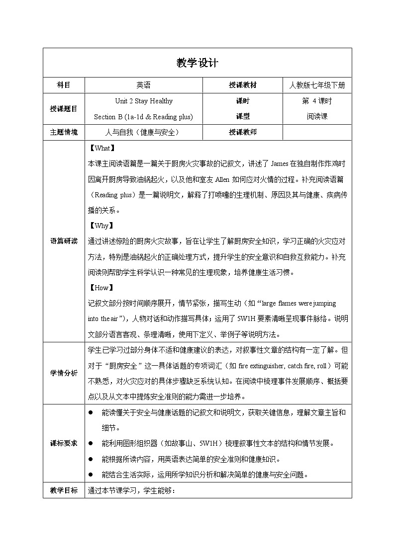 人教版2024初中英语八下Unit2课时4 Section B 1a-1e reading plus表格式教学设计第1页