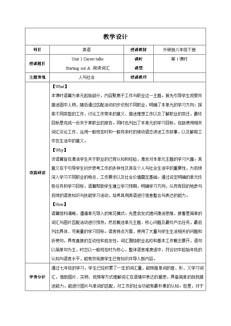 外研版2024初中英语八下Unit 1 课时1 Starting out及阅读词汇教学设计第1页