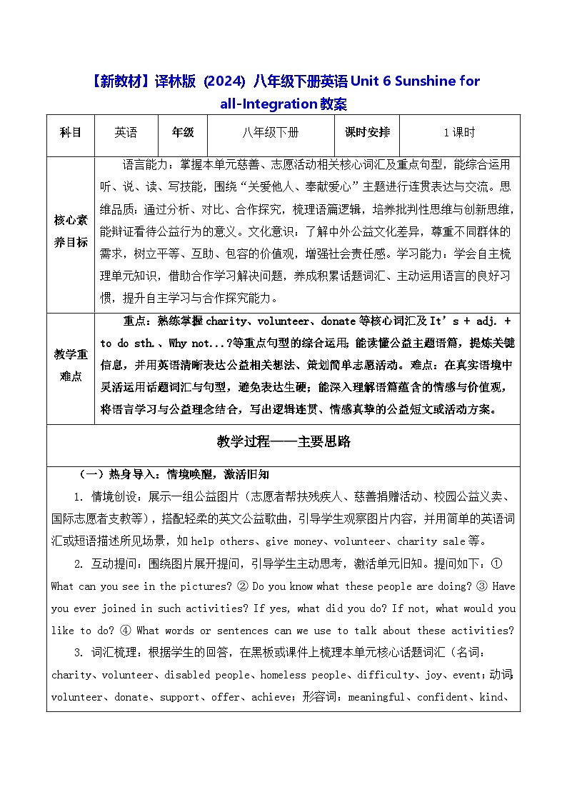 【新教材】译林版(2024)八年级下册英语Unit 6 Sunshine for all-Integration教案第1页