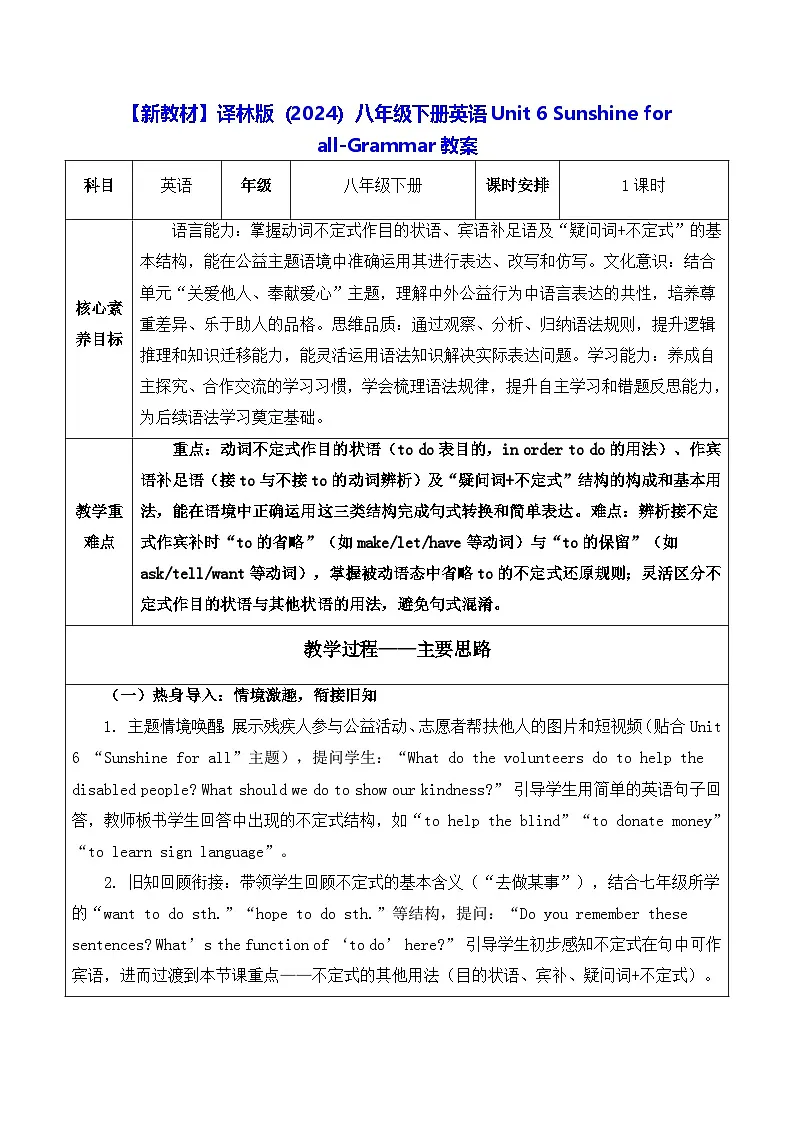 【新教材】译林版(2024)八年级下册英语Unit 6 Sunshine for all-Grammar教案【表格式】第1页