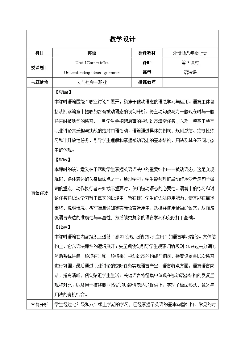 外研版2024初中英语八下Unit1课时3Understanding ideas Grammar表格式教学设计第1页