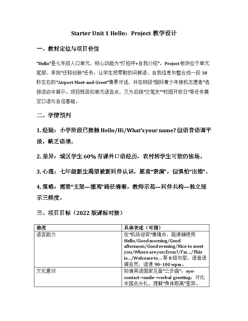 Starter Unit1 Hello Project 教学设计 人教版(2024)七年级英语上册第1页