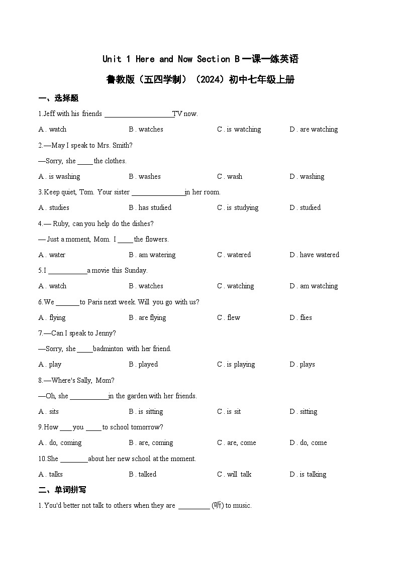 Unit 1 Here and Now Section B一课一练英语鲁教版(五四学制)(2024)初中七年级上册(无答案)第1页