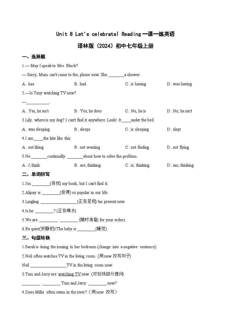 Unit 8 Let's celebrate! Reading一课一练英语译林版(2024)初中七年级上册(无答案)第1页
