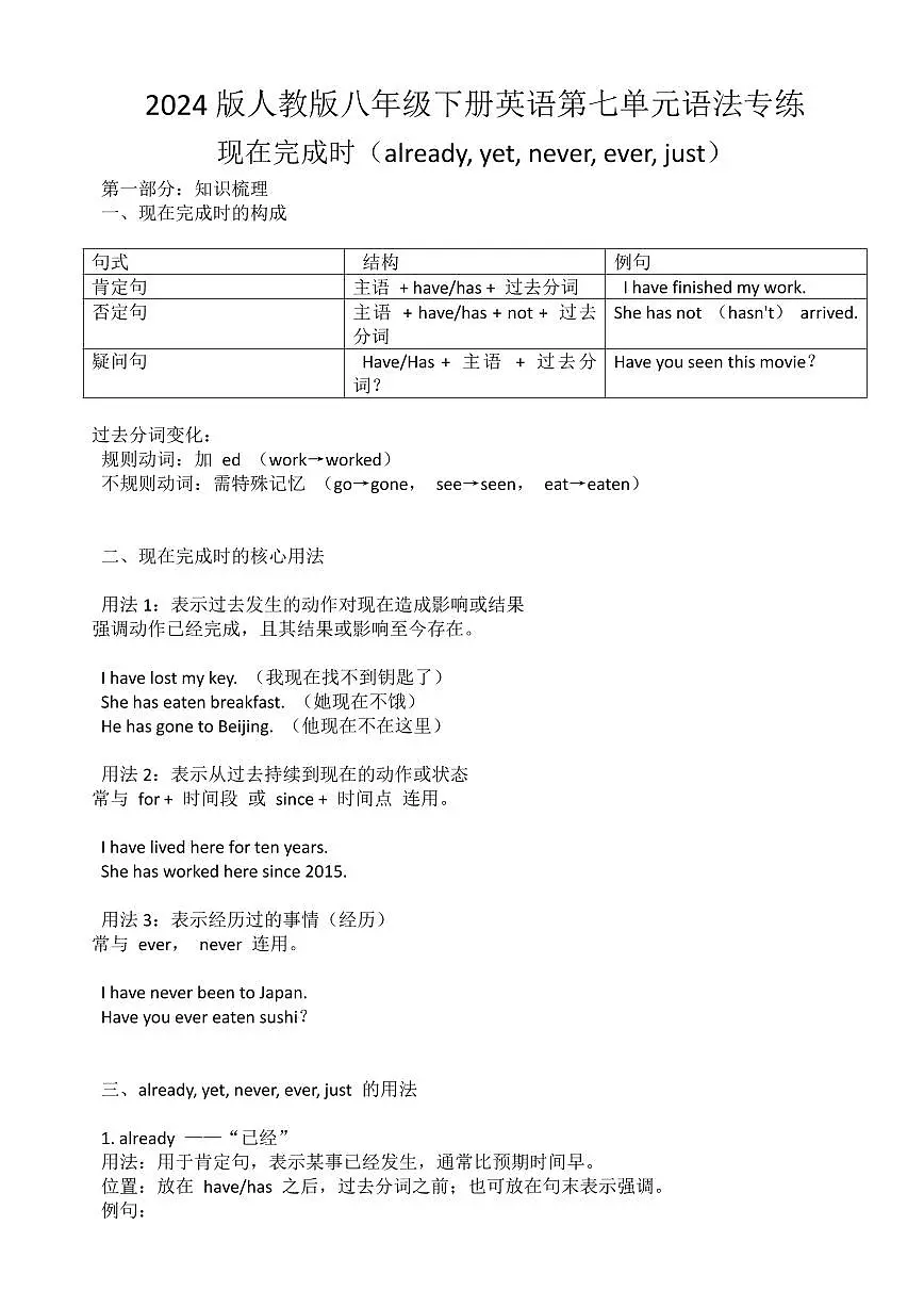 2024版人教版八年级下册英语第七单元语法专练含答案第1页