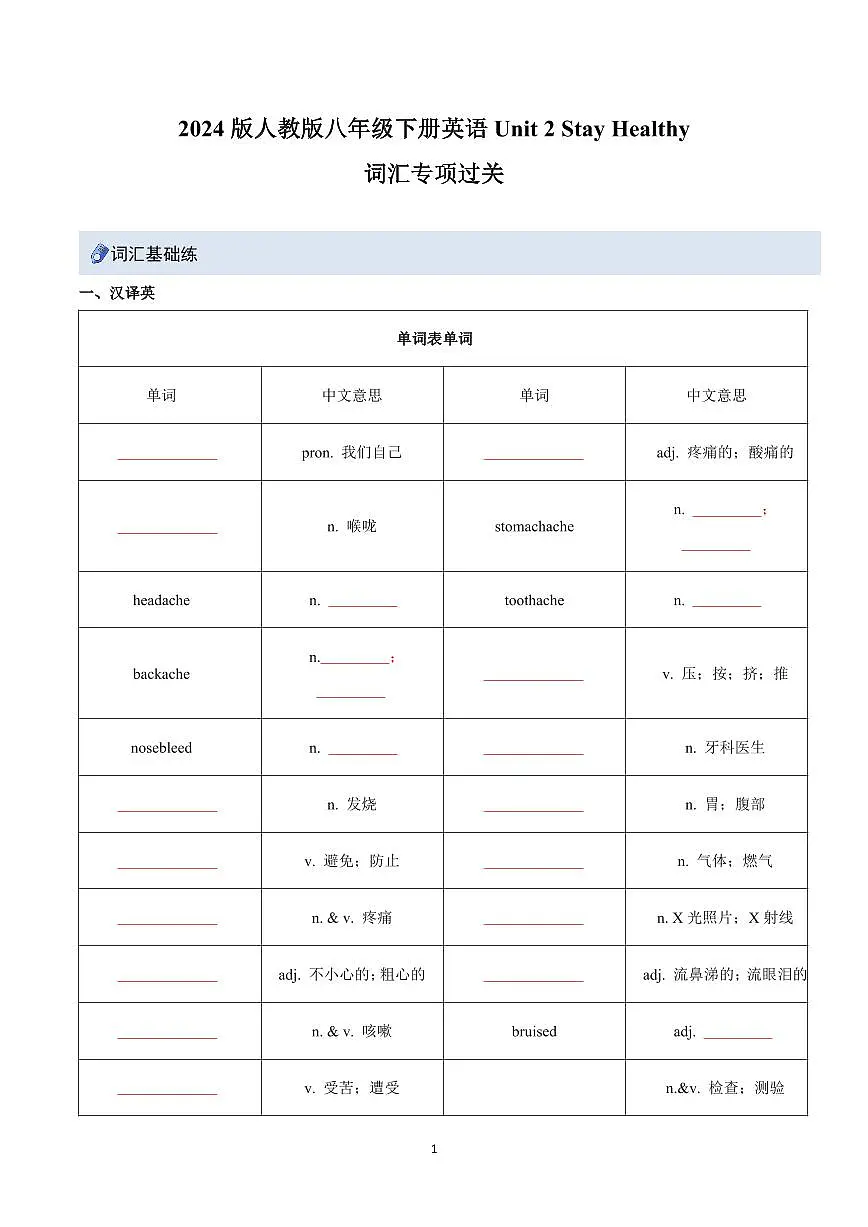 2024版人教版八年级下册英语Unit 2 Stay Healthy重难词汇精练专项练习含答案第1页