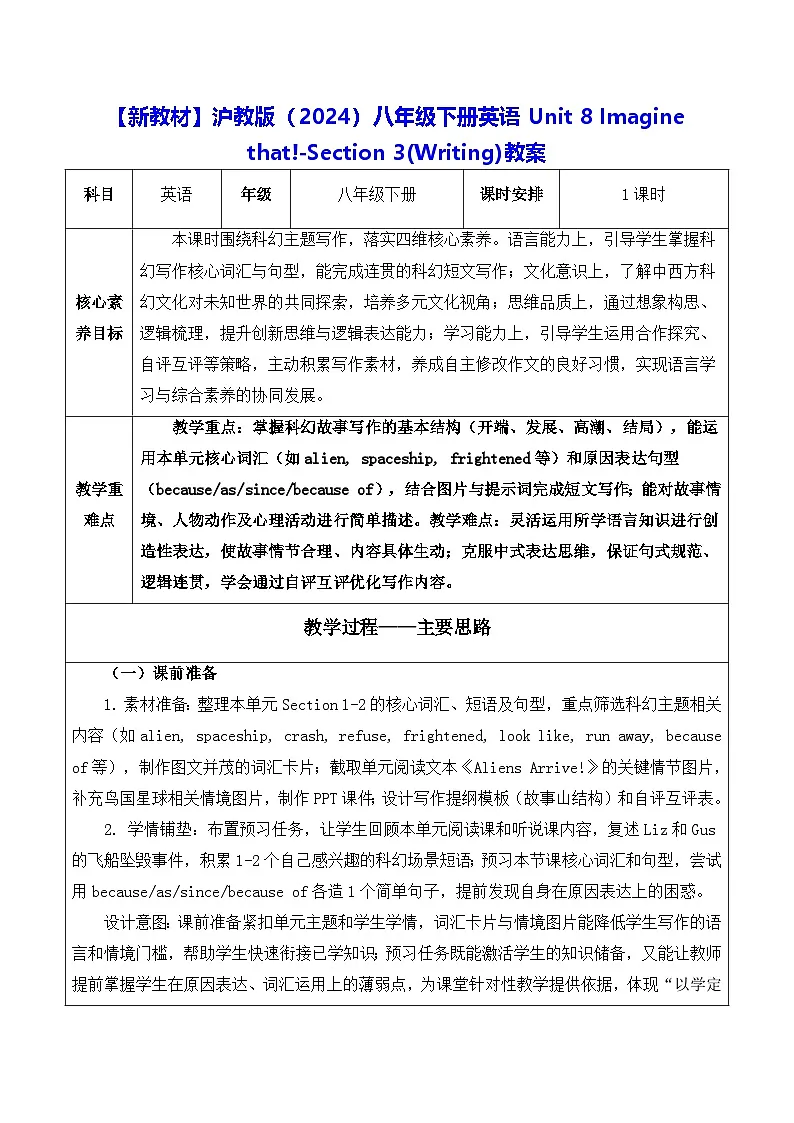 【新教材】沪教版(2024)八年级下册英语Unit 8 Imagine that!-Section 3(Writing)教案【表格式】第1页