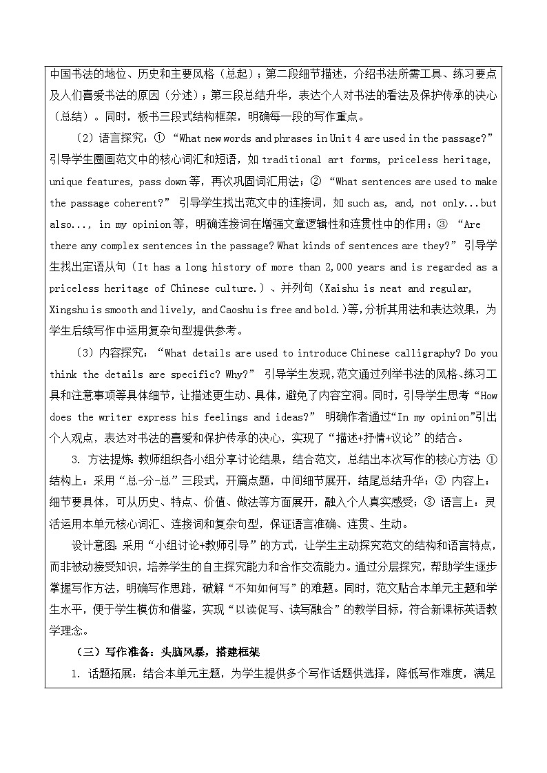 【新教材】沪教版(2024)八年级下册英语Unit 4 Arts and heritage-Section 3 (Writing)教案【表格式】第3页