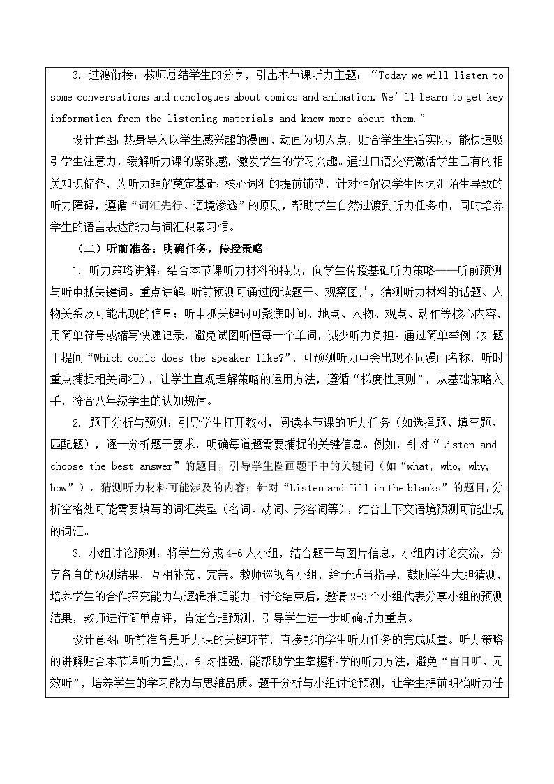 【新教材】沪教版(2024)八年级下册英语Unit 3 Comics and animation-Section 1 (Listening)教案【表格式】第2页
