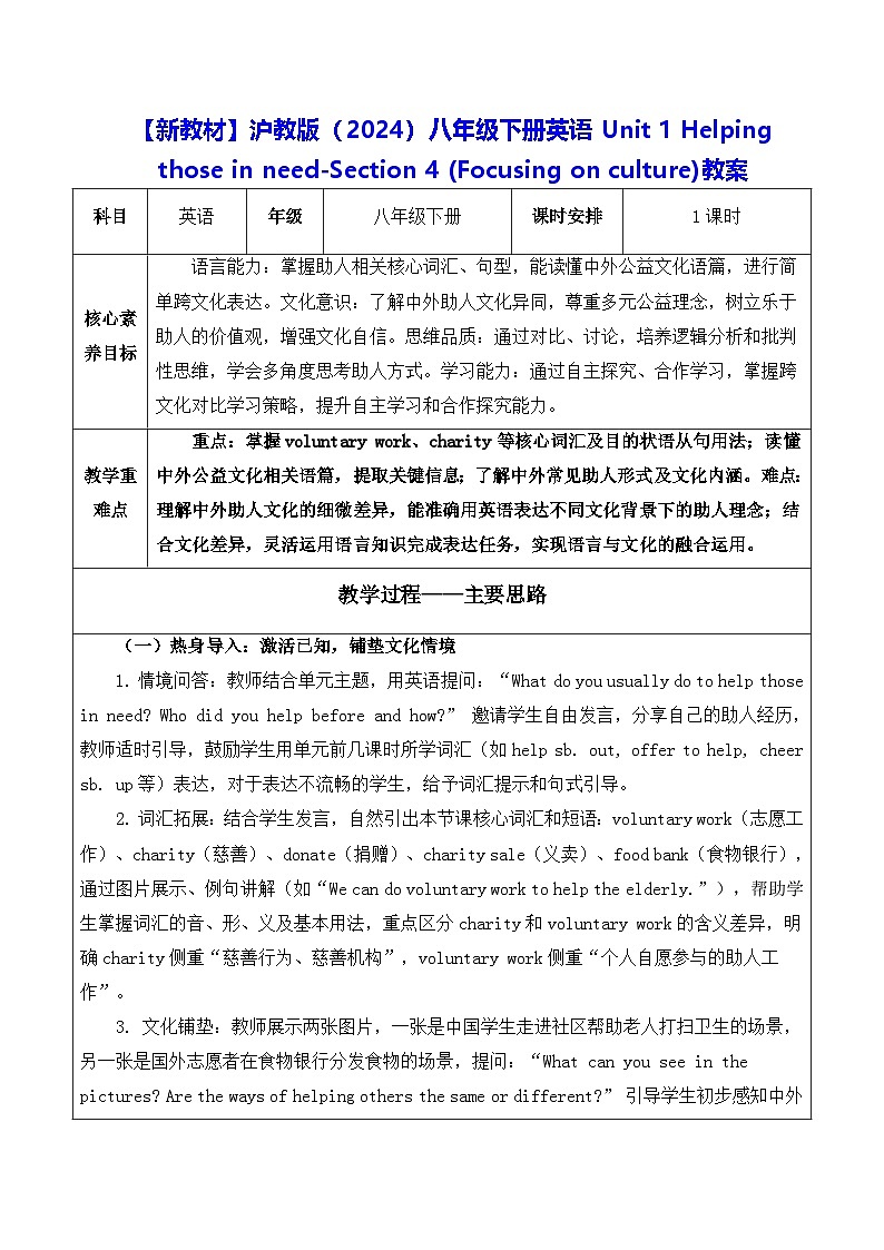 【新教材】沪教版(2024)八年级下册英语Unit 1 -Section 4 (Focusing on culture)教案【表格式】第1页