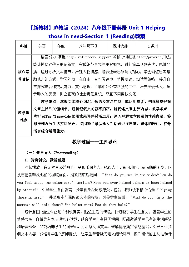 【新教材】沪教版(2024)八年级下册英语Unit 1 Helping those in need-Section 1 (Reading)教案【表格式】第1页