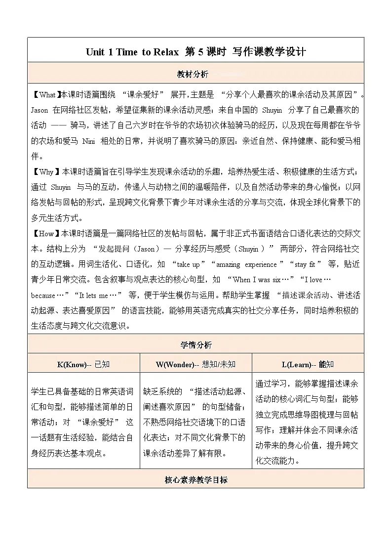 Unit 1 Time to relax 第5课时 Section B (3a-3c) writing教学设计(表格式)人教版(2024)八年级英语下册第1页