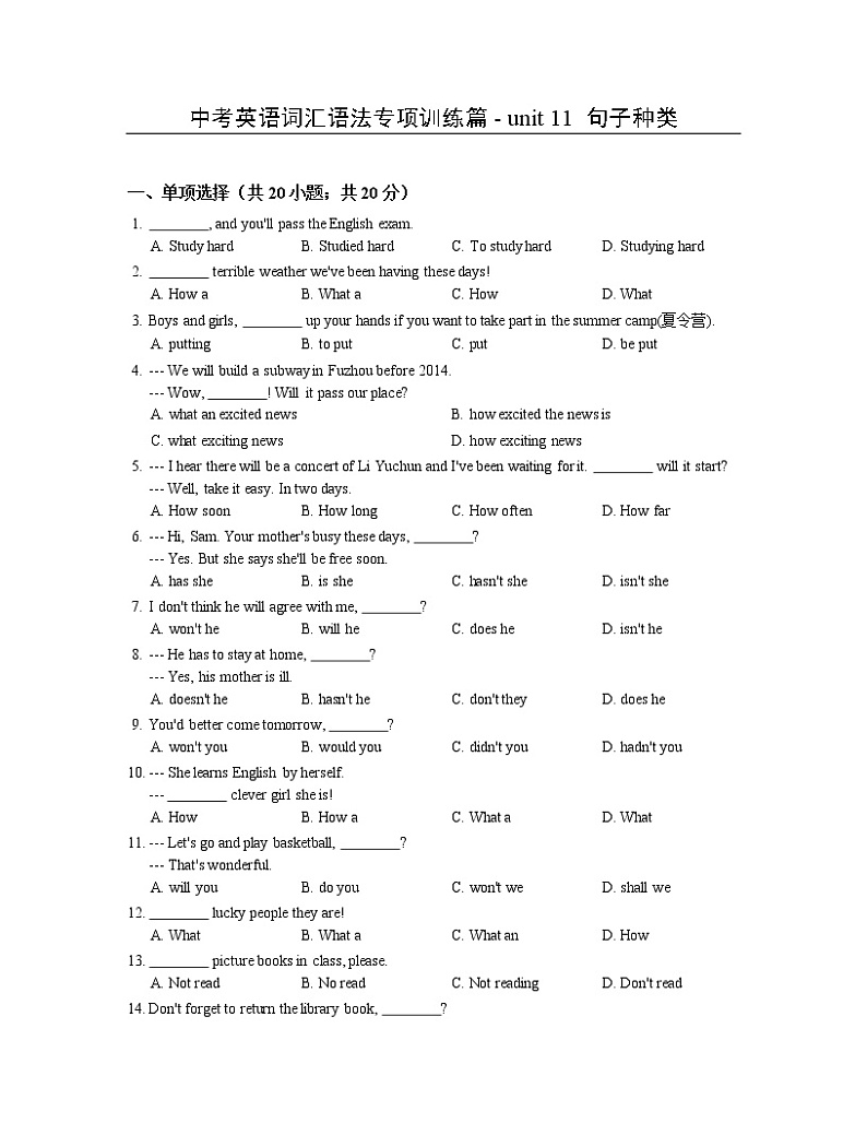 中考英语词汇语法专项训练篇:11句子种类第1页