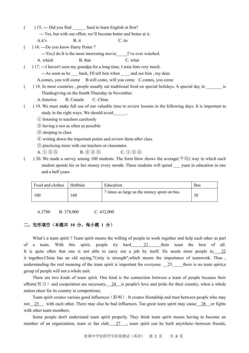 【英语】2020虹桥中学初四测试卷02