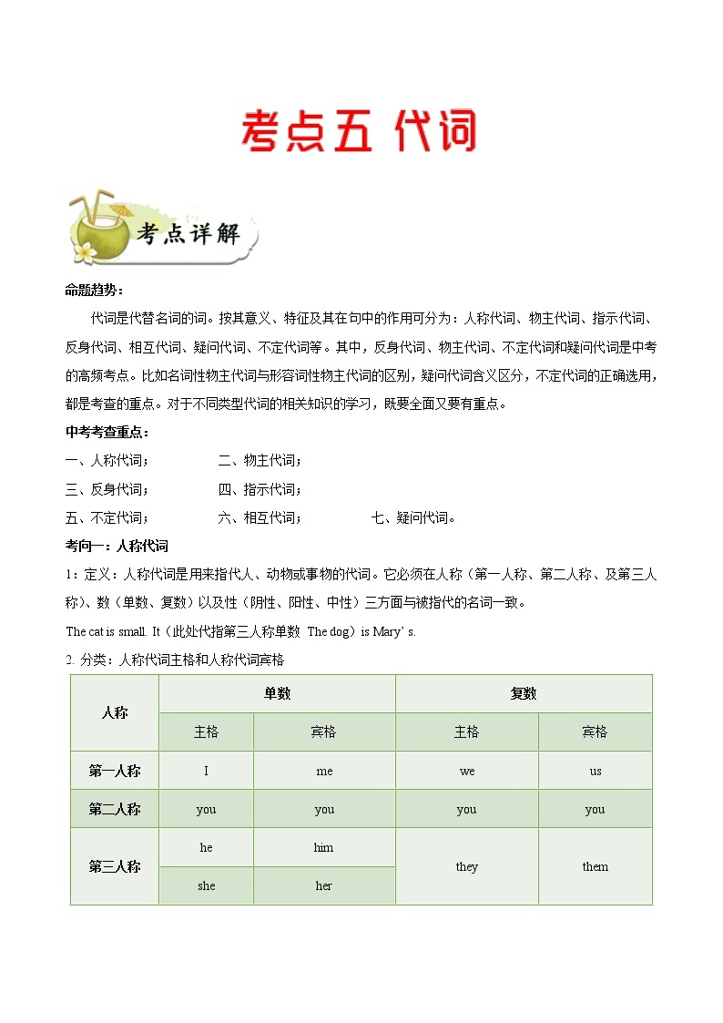 考点05 代词-备战2020年中考英语考点一遍过（浙江专版） 试卷01