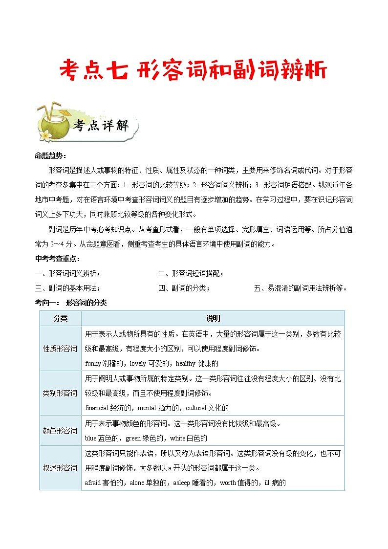 考点07 形容词和副词辨析-备战2020年中考英语考点一遍过(浙江专版) 试卷01