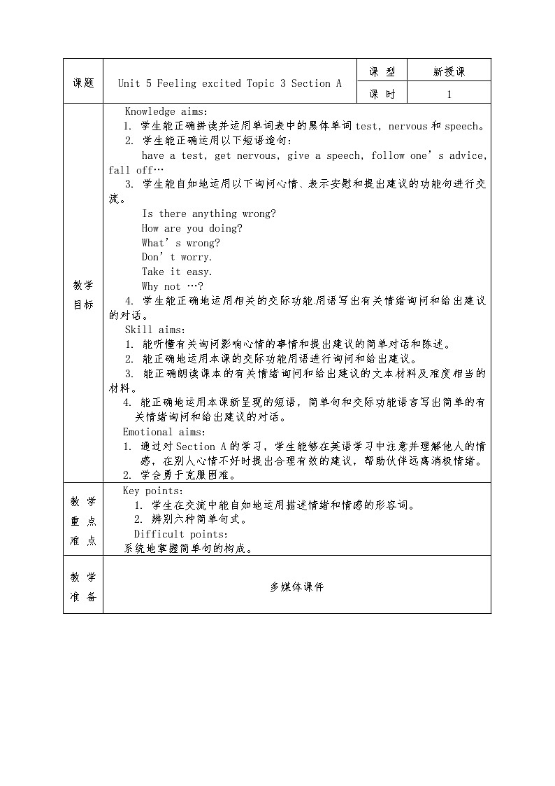 Unit 5 Feeling excited Topic 3 Section A 教案01