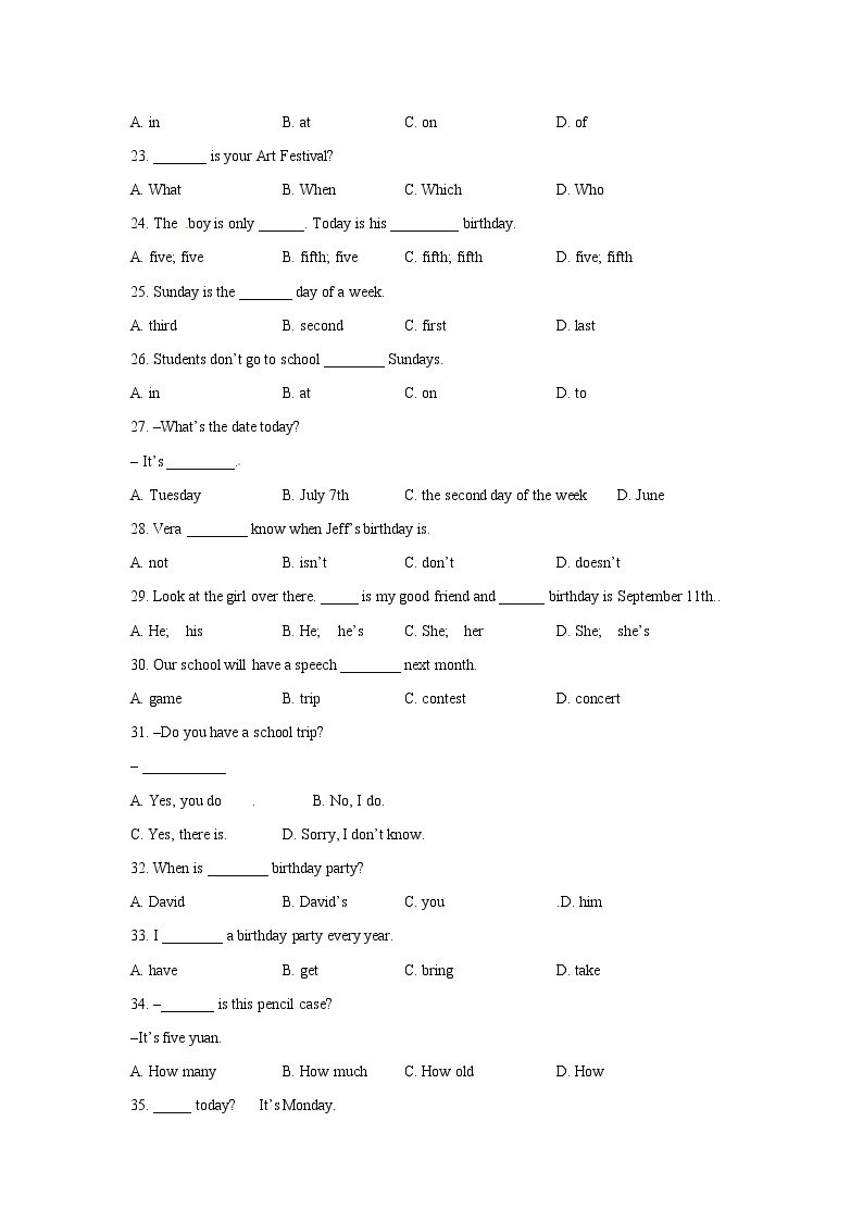 人教版 七年级上册Unit 8 When is your birthday 基础知识检测（含答案）02