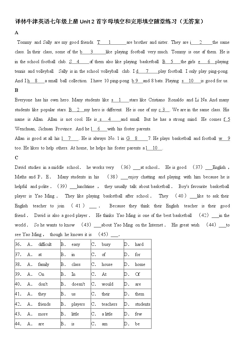 译林牛津英语七年级上册Unit 2首字母填空和完形填空随堂练习（无答案）01