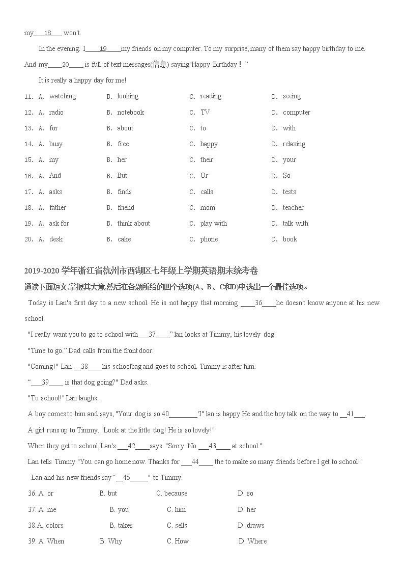 杭州市2019-2020学年七上-英语期末试卷分类汇编:完形填空(含答案)第3页