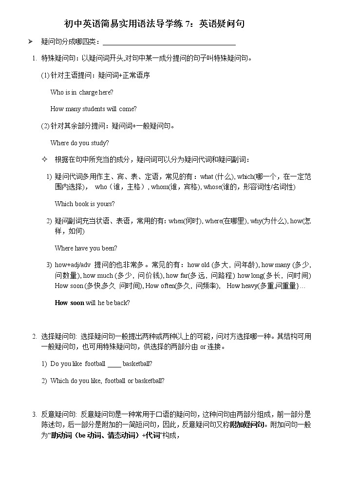 初中英语简易实用语法导学练7:英语疑问句第1页