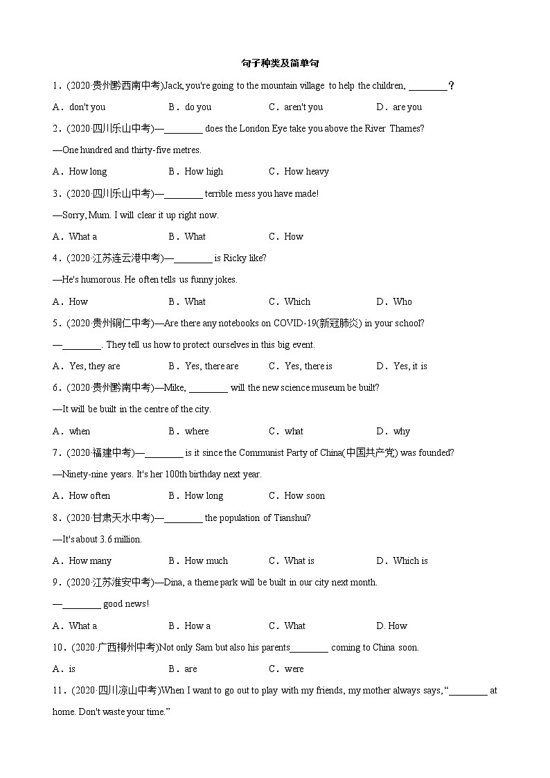 中考英語(yǔ)復(fù)習(xí)語(yǔ)法精練：句子種類及簡(jiǎn)單句第1頁(yè)