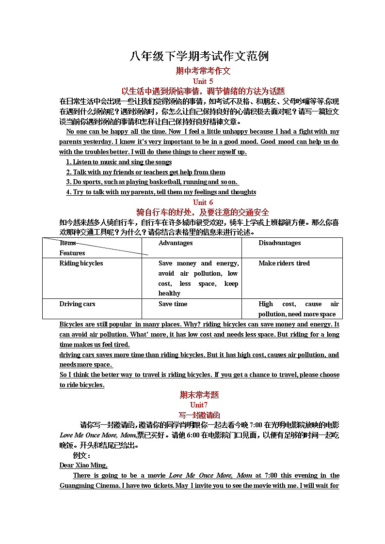 仁爱英语八年级下常考作文范例 试卷01
