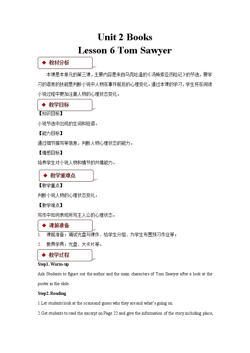 Unit 2 Books Lesson 6 Tom Sawyer 课件+教案01