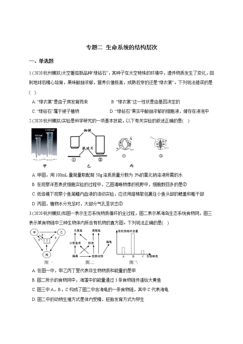 备战2021 2020年中考科学模拟题分类训练 专题2 生命系统的结构层次（含答案，共50题）01