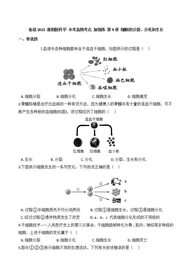 第5讲 细胞的分裂、分化和生长 备战2022 浙教版科学 中考高频考点 加强练第1页