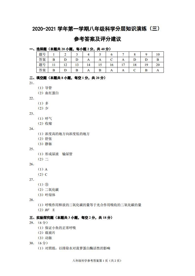 （浙江宁波11月份月考）2020-2021学年第一学期八年级科学练习题01