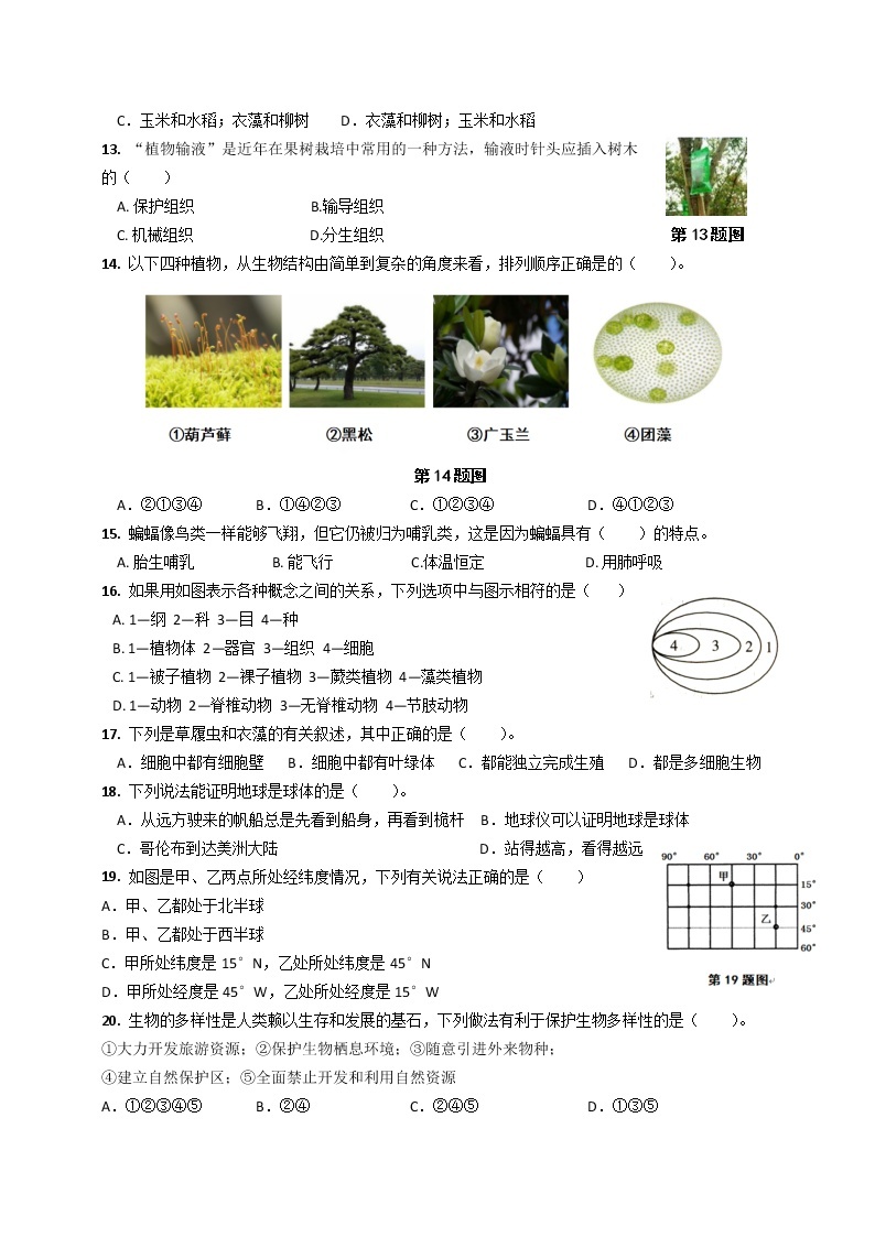 浙江省杭州市萧山区新桐初级中学等多校2021-2022学年七年级上学期期中调研科学【试卷+答案】03