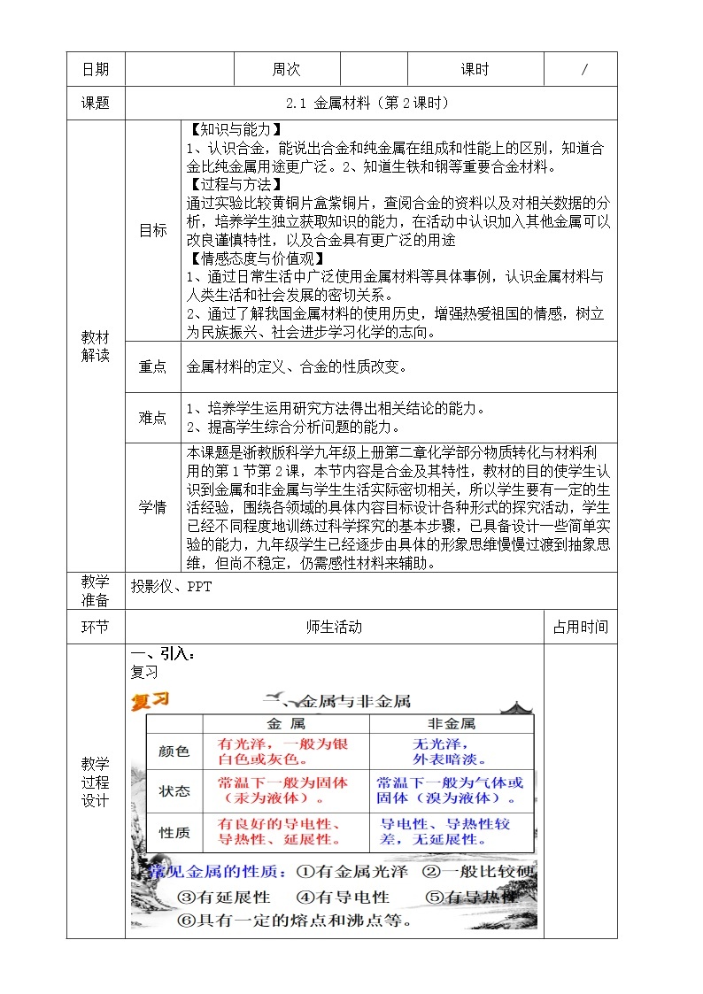 浙教版科学九年级上册  第2章 第1节 金属材料(第2课时)课件PPT+教案+练习01