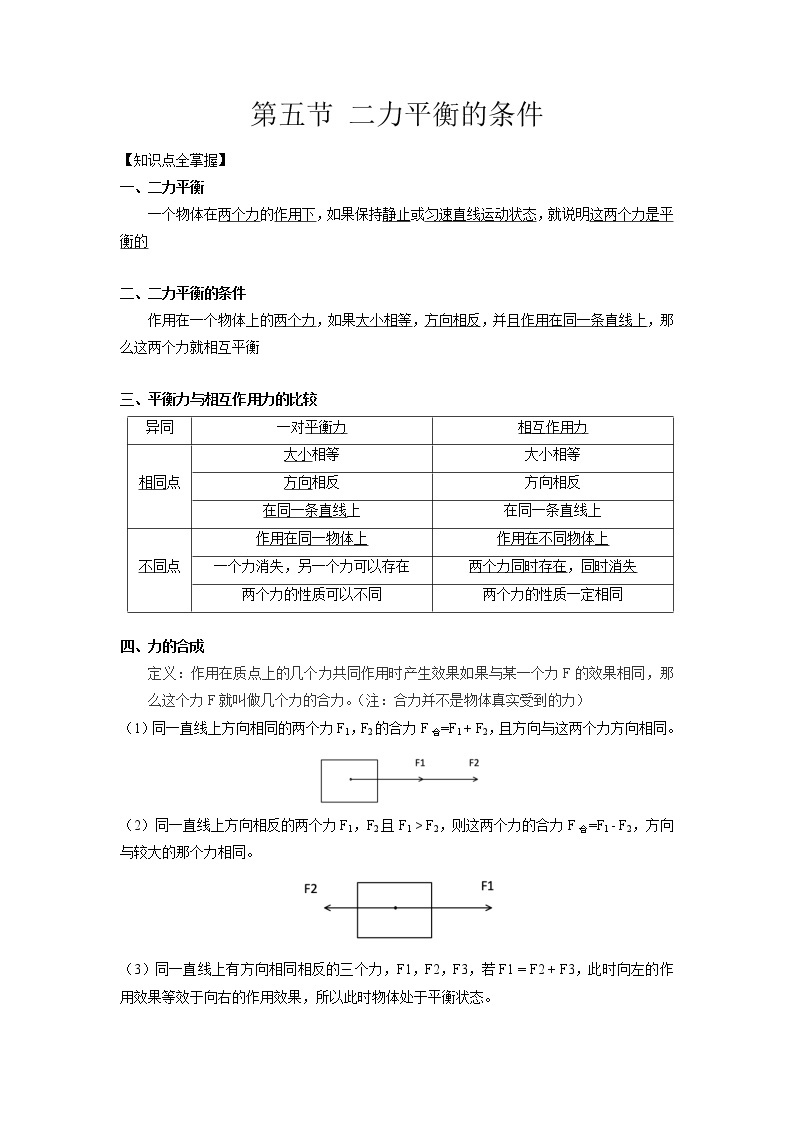 3.5 二力平衡的条件-2020-2021学年科学七年级下册讲练测（浙教版）01