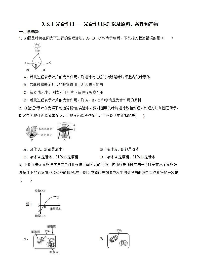 3.6.1 光合作用——光合作用原理以及原料、条件和产物 同步练习第1页