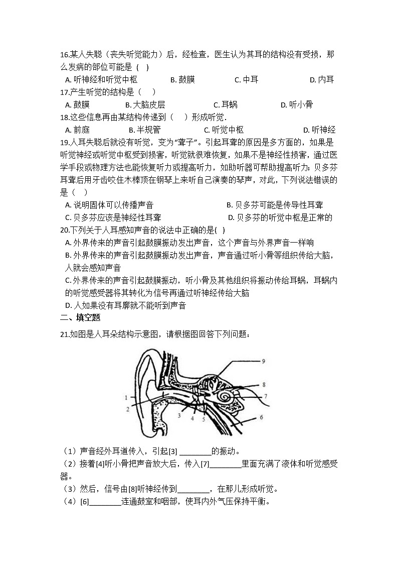 华师大版 八年级下册 3.2 耳与听觉  同步自测03