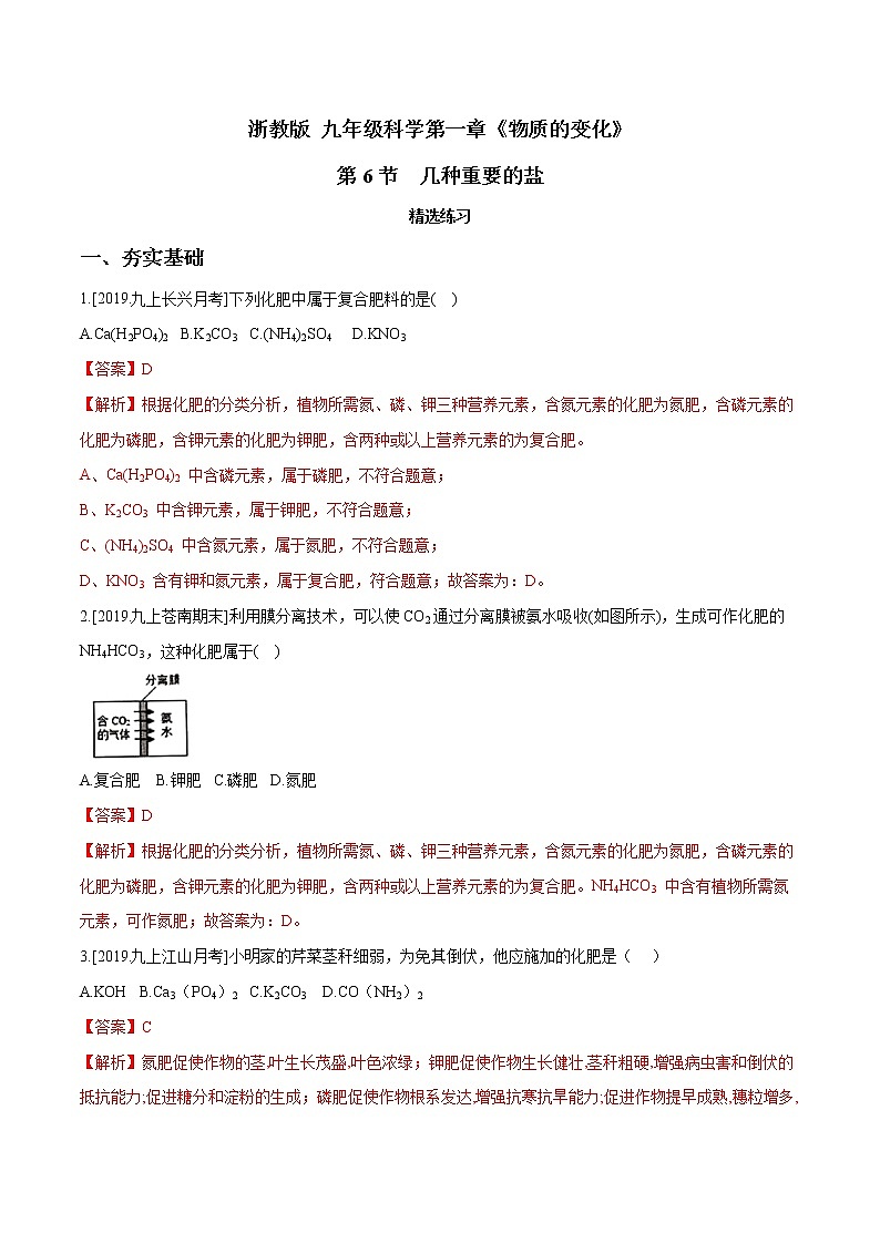 1.6 几种重要的盐(第4课时)(精选练习)-九年级科学上册(浙教版)01