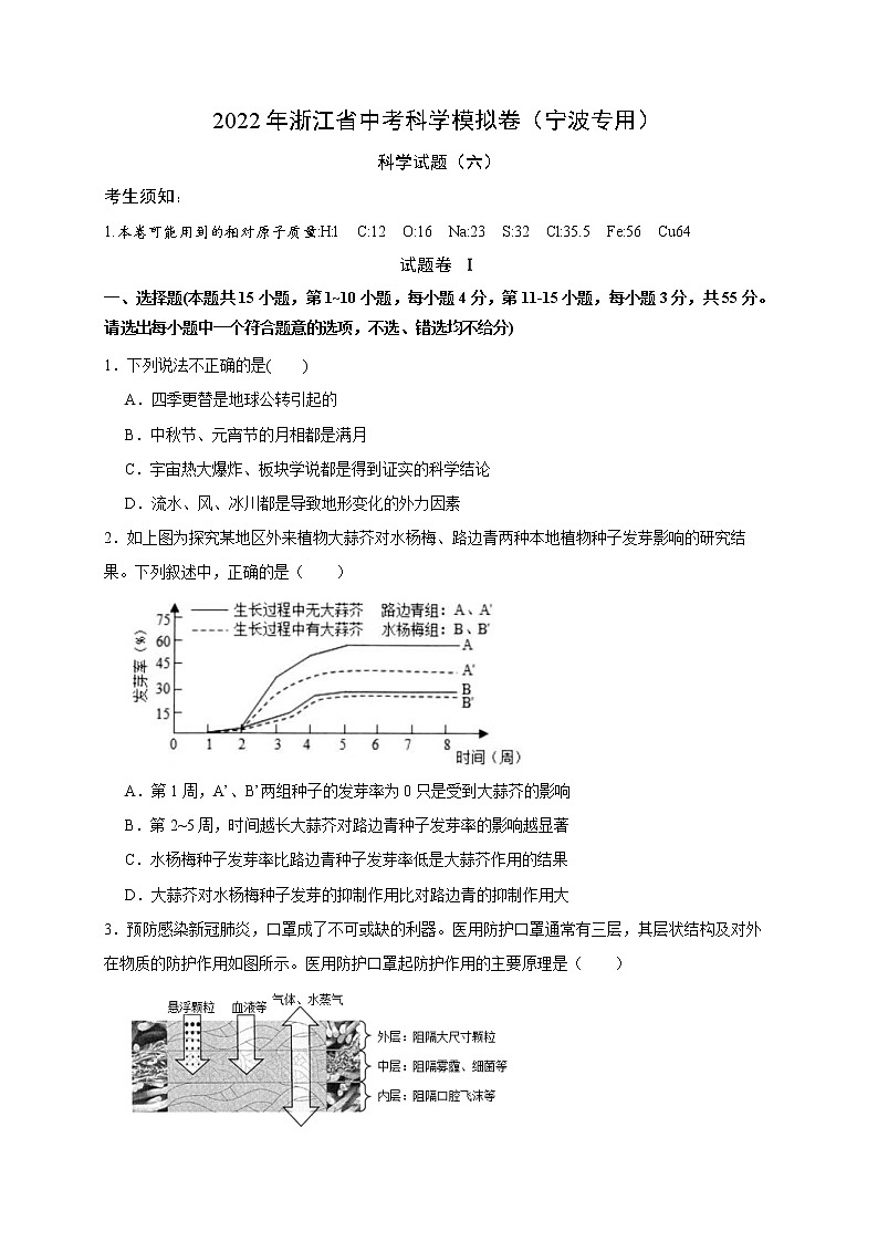 2022年浙江省中考科学模拟卷(宁波专用)(六)(原卷版)第1页