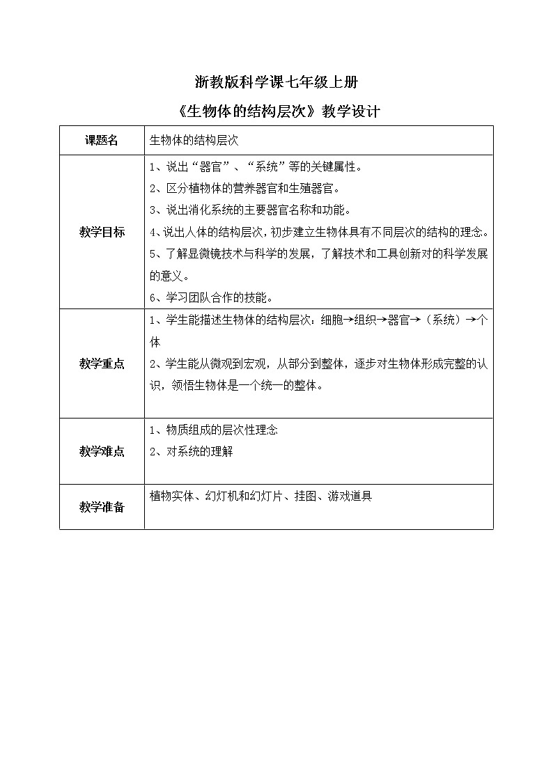 浙教版科学七年级上2.3《生物体的结构层次》课件+教案+同步练习01