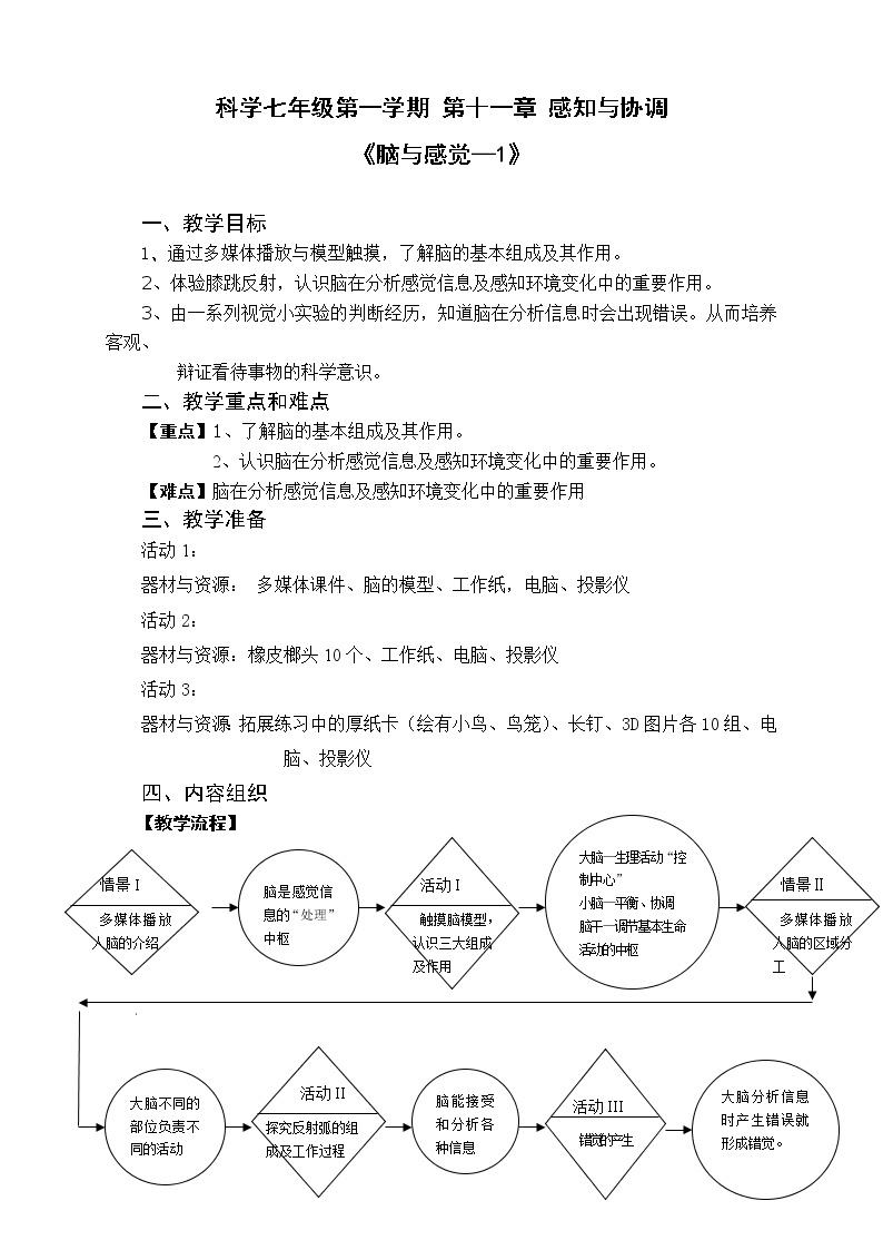 牛津上海版七上科学 第11章第14课时 脑与感觉（1） 教案01