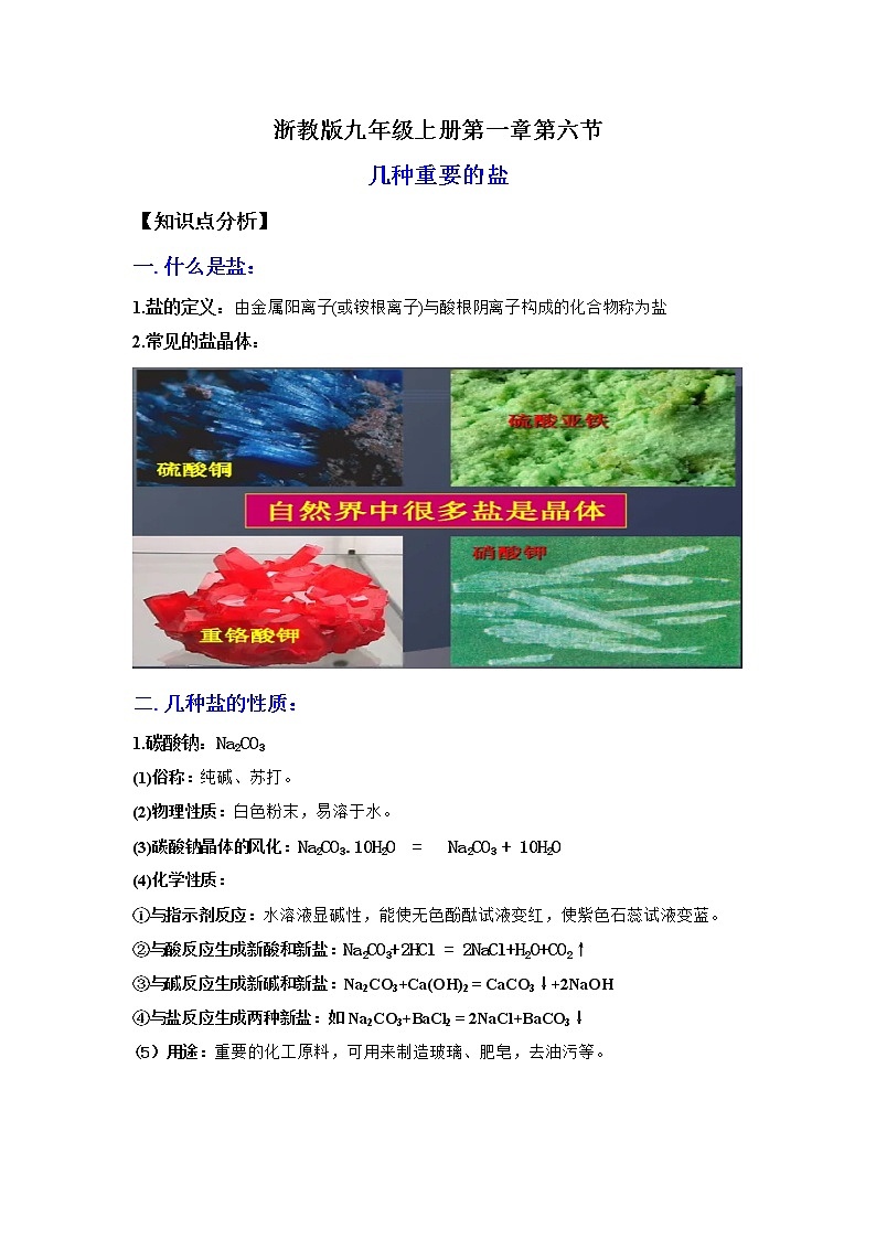 1.6几种重要的盐(讲义)-2022-2023学年九年级上册科学讲练课堂(浙教版)01
