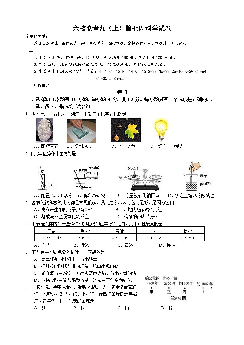 浙江省温州市瑞安市玉海实验中学等六校2022-2023学年上学期九年级科学联考试卷(含答案)01