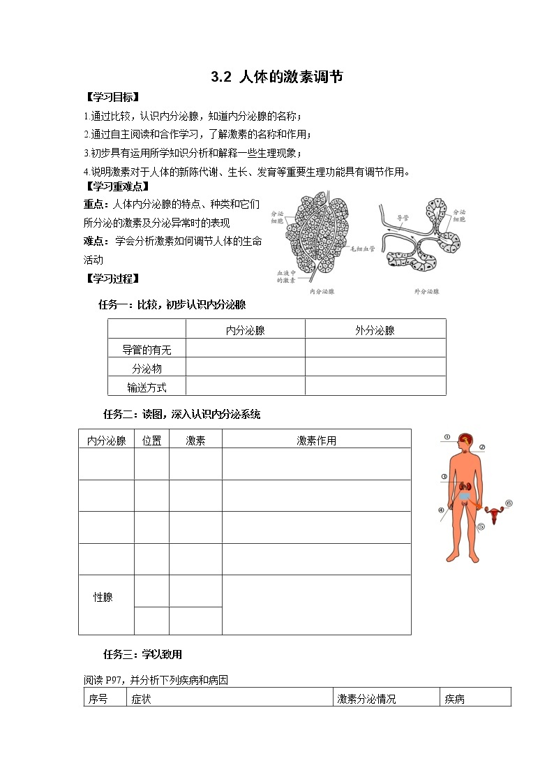 2022年浙教版八年级上册《3.2人体的激素调节》学案01