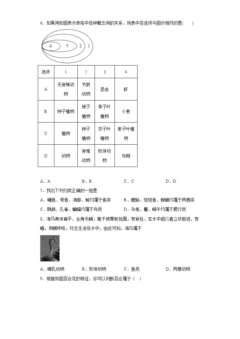 初中科学 七年级上册 第2章 生物的主要类群 章节训练02