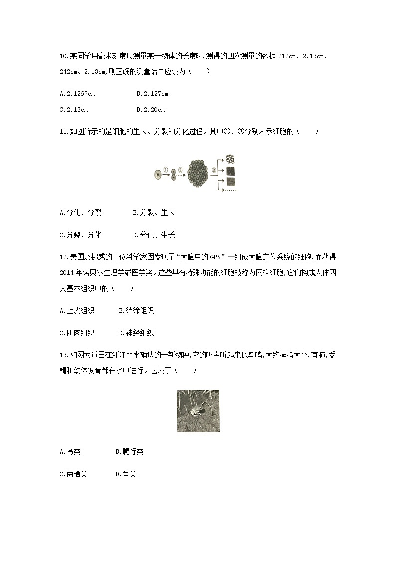 浙教版科学7年级上册 期中测试卷803