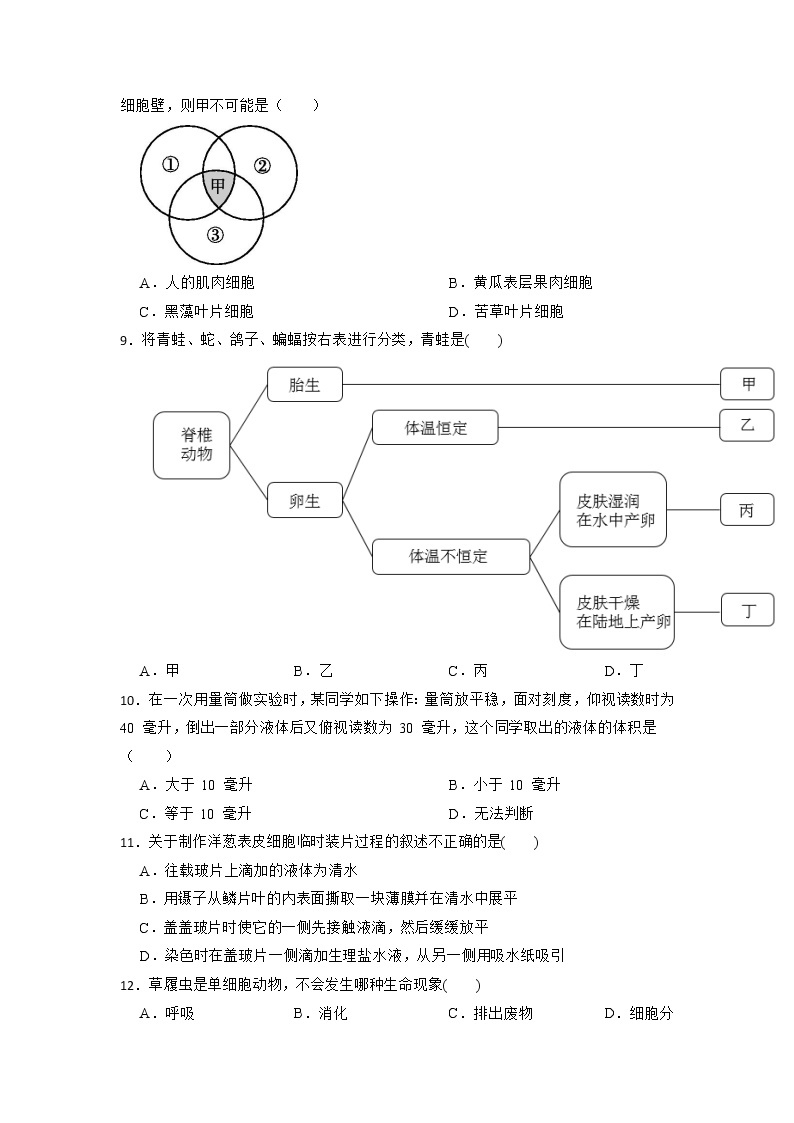 浙江省温州市英才学校2022-2023学年七年级上册科学教学质量监测期中模拟试卷03