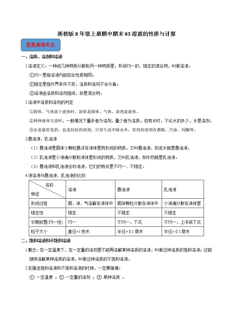 专题03 溶液的性质与计算-2022-2023学年八年级科学上册期末考点大串讲(浙教版)01