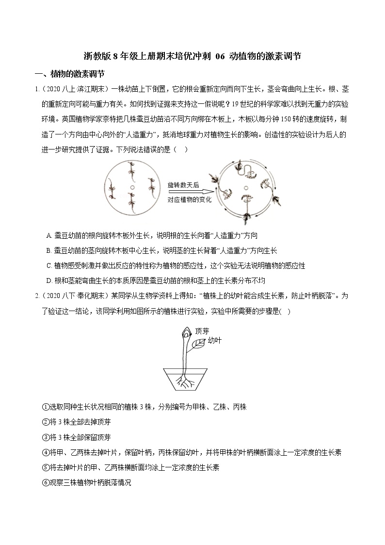 【期末满分冲刺】浙教版科学八年级上册：专题06《动植物的激素调节》期末培优冲刺